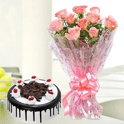  10 Pink Roses And Black Forest Cake Standard