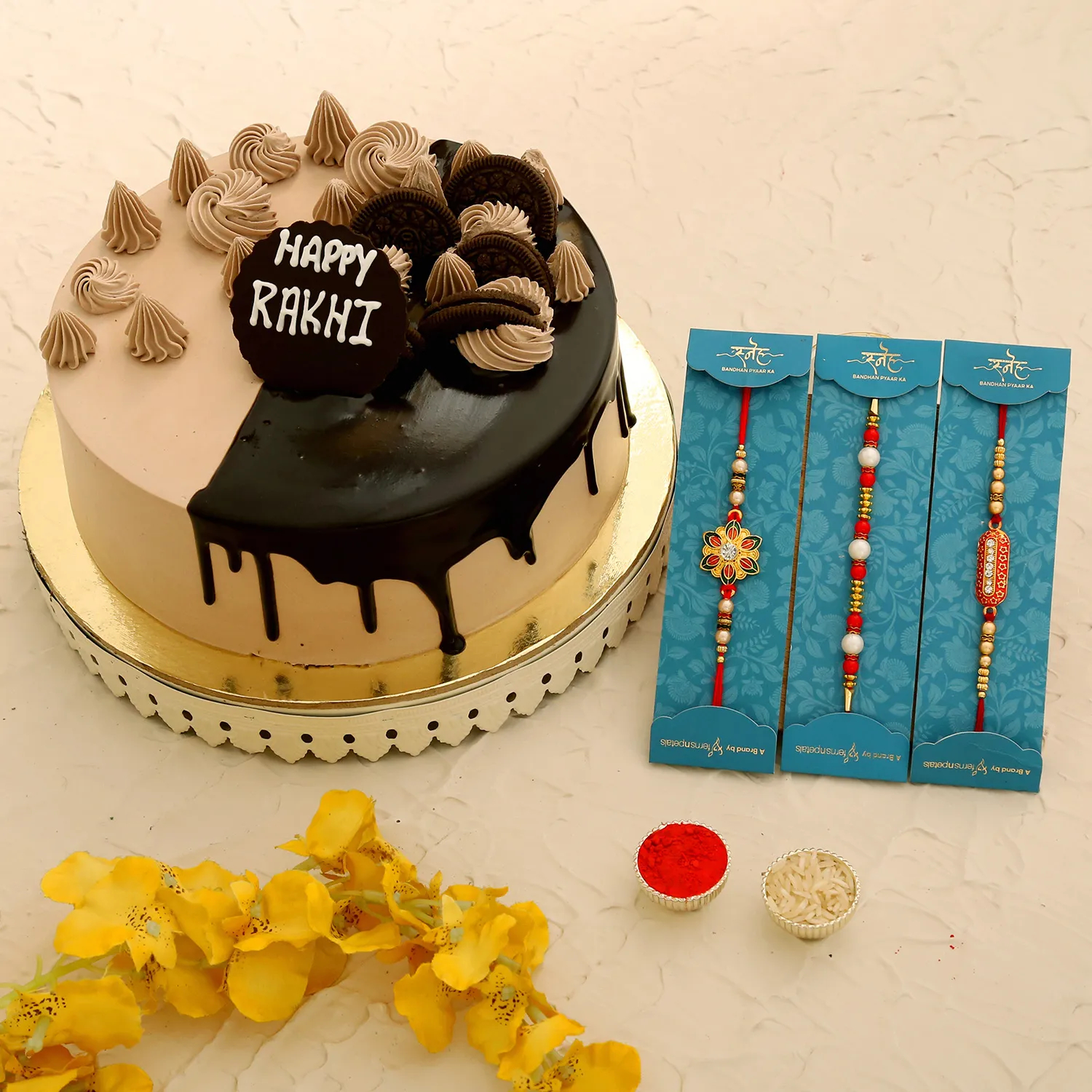  3 Ethnic Rakhis & Caramel Cake