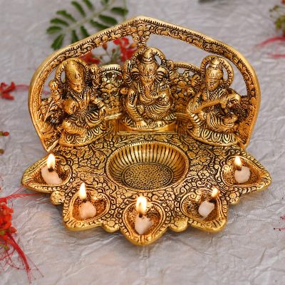 Lakshmi Ganesh Sarasvati Idol with Diya