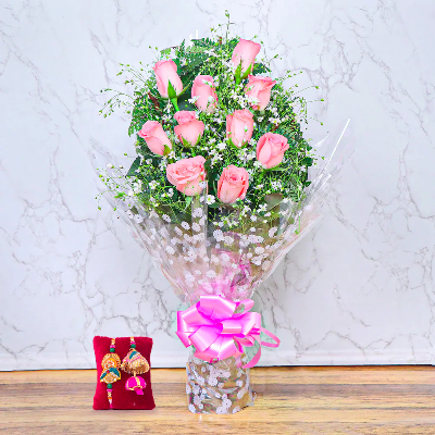 Pinkish Roses Bouquet With Bhaiya Bhabhi Rakhi