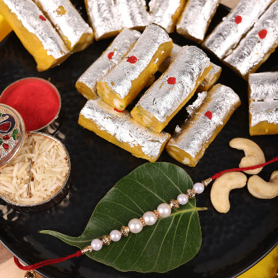 White Pearl Rakhi With Roll Kaju Katli