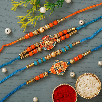 Blue And Orange Pack Of 4 Designer Pearl Rakhis