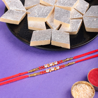 Set Of 2 Stone Rakhi With Kaju Katli