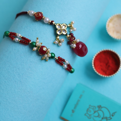 Bhaiya Bhabhi Red Kundan Beads Rakhi Set