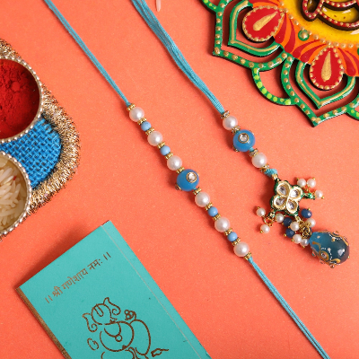 Bhaiya Bhabhi Blue Pearl Kundan Rakhi