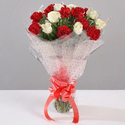 White Roses & Red Carnations Bouquet