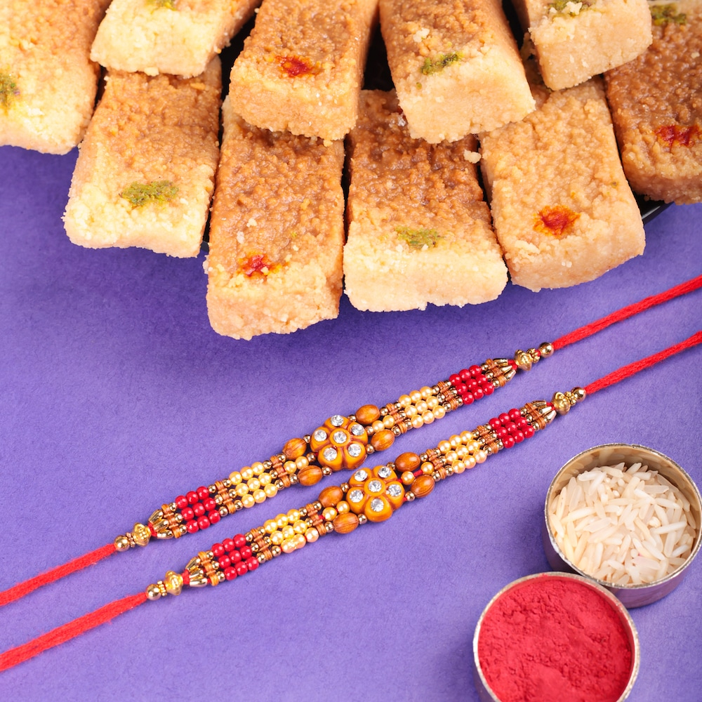  Beads Set Of 2 Rakhi With Milk Cake