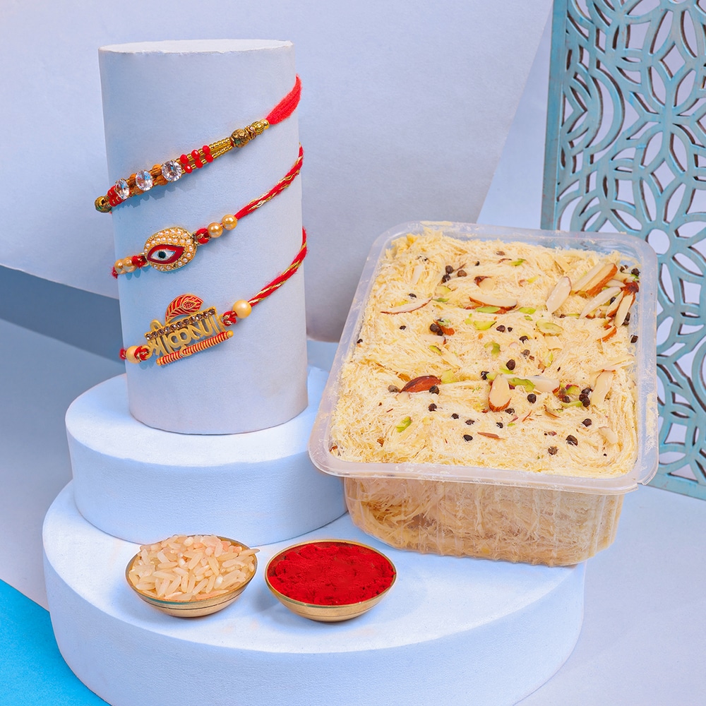  Set Of 3 Designer Rakhi With Soan Papdi